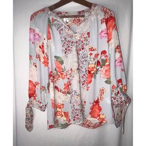 Fig and‎ Flower Floral Print Blouse Gray Orange Bohemian Chic Size S